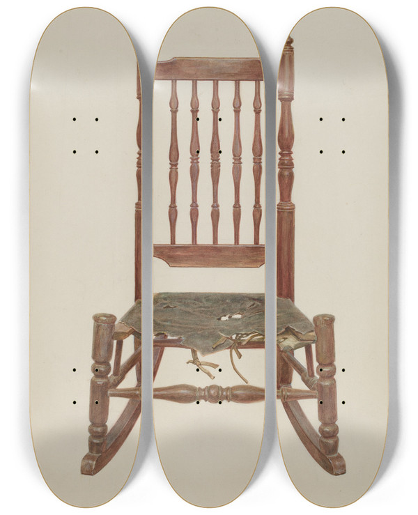 Triptych art skateboard deck of Frank M Keane Rocking Chair With Rawhide Seat by Frank M Keane