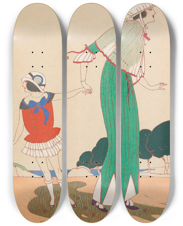 Triptych art skateboard deck of Charles Martin La Dame Lenfant by Charles Martin (1884-1934)