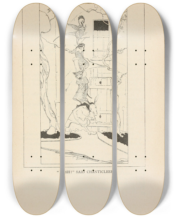 Triptych art skateboard deck of Jean De Bosschre Hush Said Chanticleer by Jean de Bosschre (1878-1953)