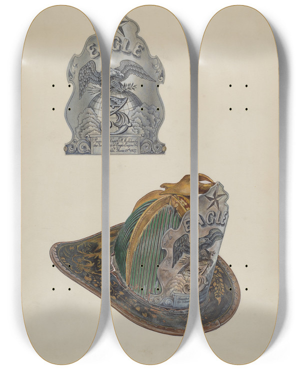 Triptych art skateboard deck of David Ramage Firemans Helmet_1 by David Ramage