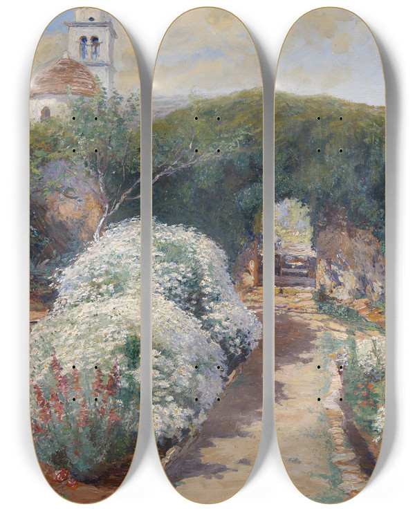 Triptych art skateboard deck of Menci Clement Crni Blhender Klostergarten by Menci Clement Crncic (1865-1930)