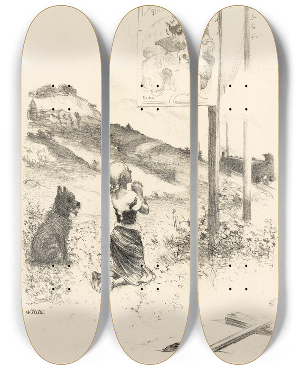 Triptych art skateboard deck of Adolphe Lon Willette Dessin Originel by Adolphe Leon Willette (1857-1926)