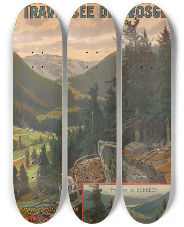 Triptych art skateboard deck of Georges Daubner Chemins De Fer De Lest Traverse Des Vosges by Georges Daubner (1865-1926)