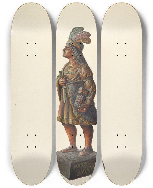 Triptych art skateboard deck of Walter Hochstrasser Cigar Store Indian_14 by Walter Hochstrasser (20-)