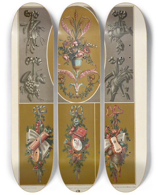 Triptych art skateboard deck of Auguste Racinet Xviii Siecle by Auguste Racinet (1825-1893)