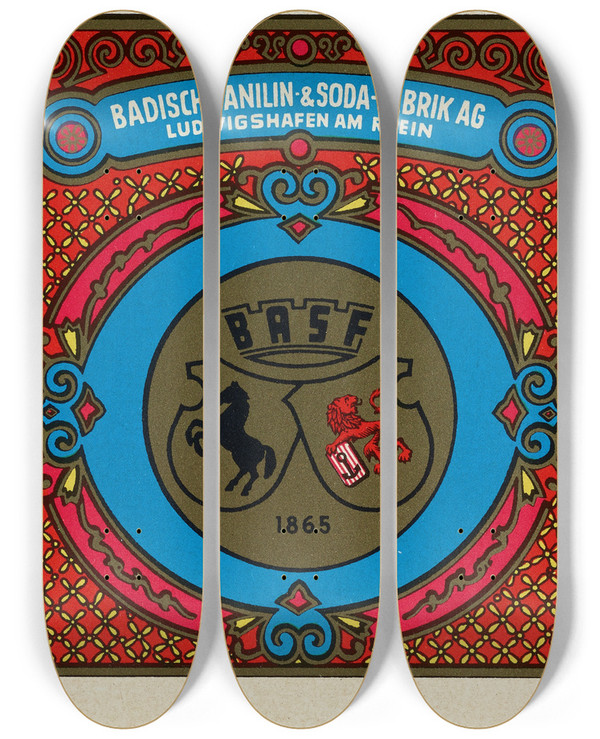 Triptych art skateboard deck of Badische Anilin Sodafabrik Badische Anilin Sodafabrik Dye Label With Basf Seal by Badische Anilin & Soda-Fabrik