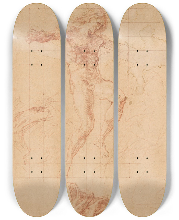 Triptych art skateboard deck of Pompeo Batoni Nude Study And Drapery Details by Pompeo Batoni (1708-1787)