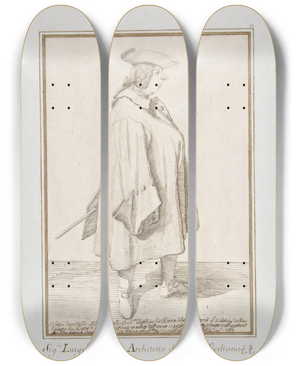 Triptych art skateboard deck of Pier Leone Ghezzi Luigi Vanvitelli by Pier Leone Ghezzi (1674-1755)