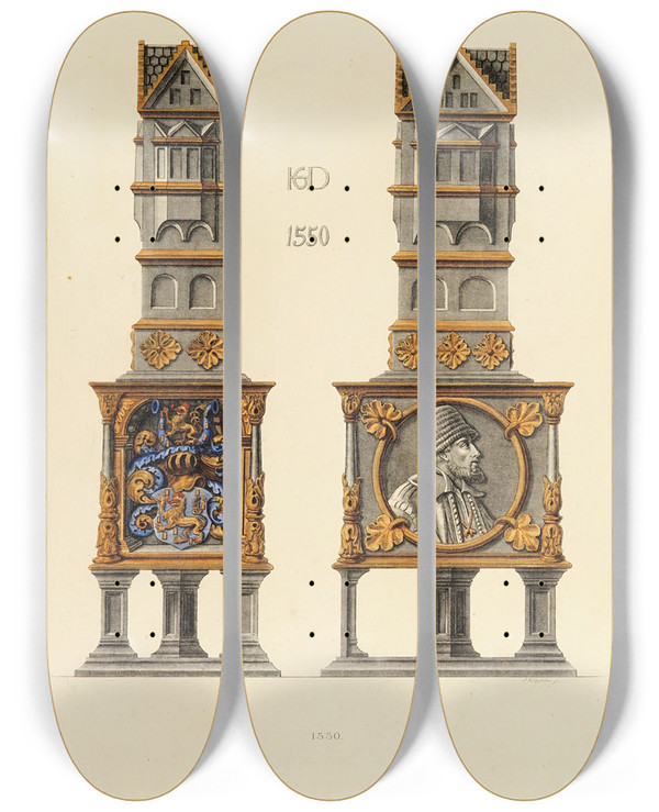 Triptych art skateboard deck of Carl Becker Kunstwerke Und Gerathschaften Des Mittelalters Und Der Renaissance Pl05 by Carl Becker (19-)