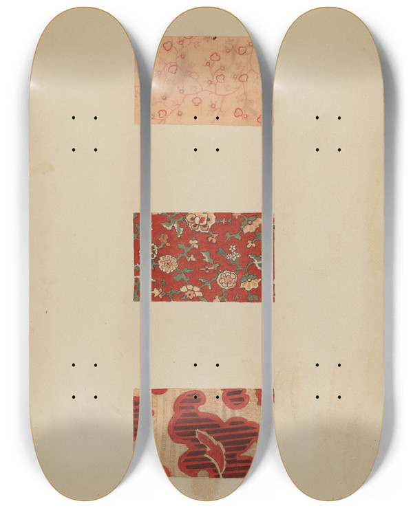 Triptych art skateboard deck of Edmond Lorts Textile Samples by Edmond Lorts