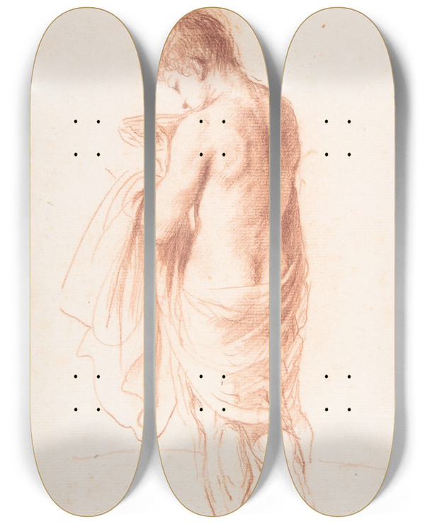 Triptych art skateboard deck of Guercino Standing Youth Seen From Behind Holding A Bowl by Guercino (1591-1666)
