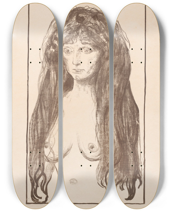 Triptych art skateboard deck of Edvard Munch The Sin by Edvard Munch (1863-1944)