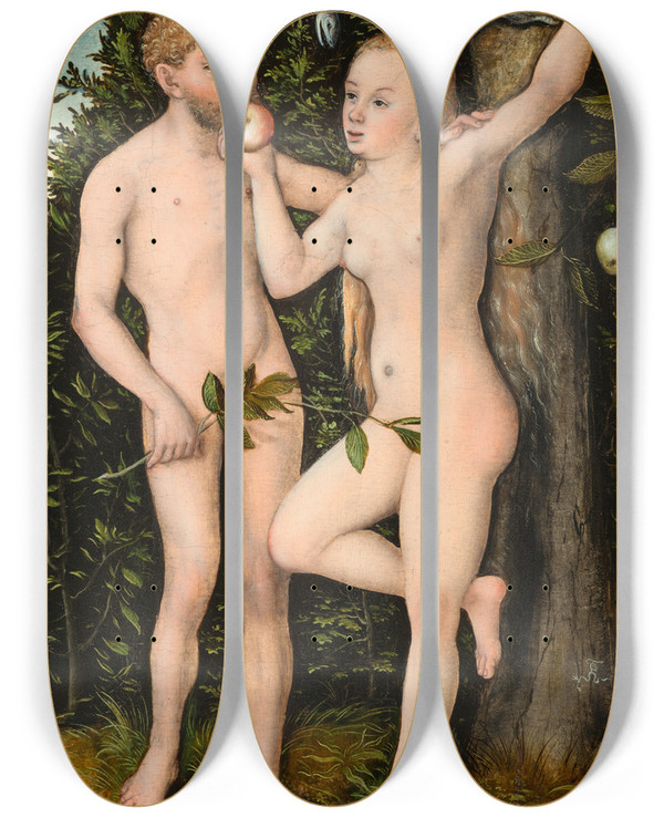 Triptych art skateboard deck of Lucas Cranach The Elder Adam And Eve_2 by Lucas Cranach The Elder (1472-1553)