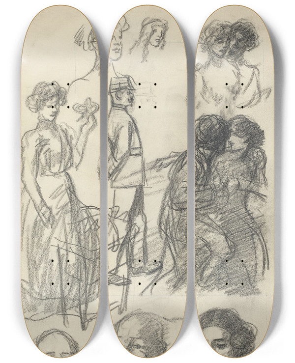 Triptych art skateboard deck of Thophile Alexandre Steinlen Sketches For Lovers On A Bench by Theophile Alexandre Steinlen (1859-1923)