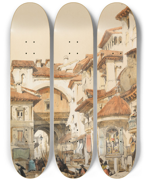 Triptych art skateboard deck of David Roberts Sketches In Spain by David Roberts (1796-1864)