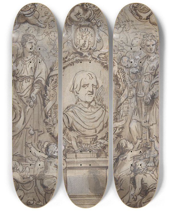 Triptych art skateboard deck of Abraham Van Diepenbeeck Design For A Title Page by Abraham Van Diepenbeeck (1596-1675)