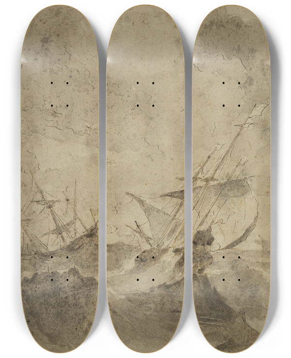 Triptych art skateboard deck of Francesco Guardi Zwei Segelboote Auf Strmischer See by Francesco Guardi (1712-1793)