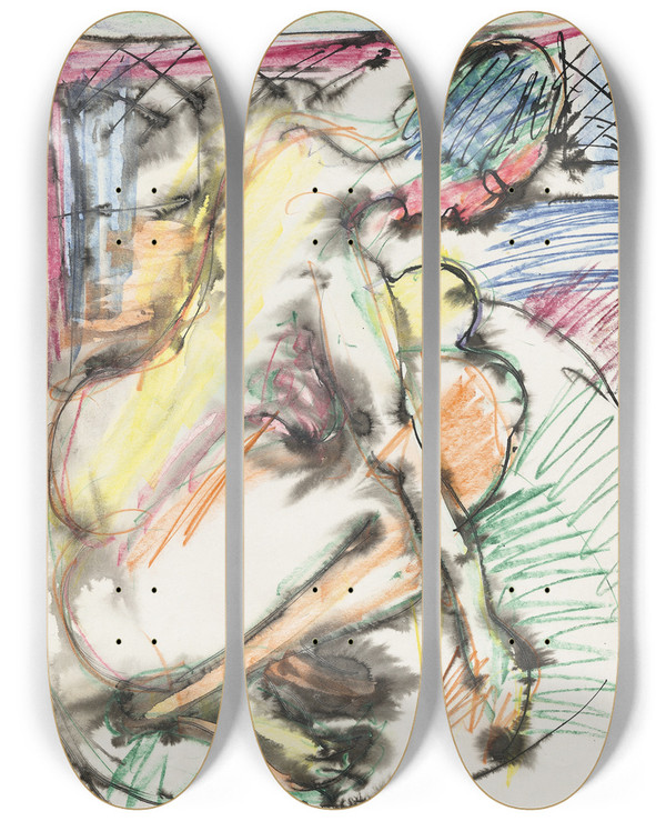 Triptych art skateboard deck of Ernst Ludwig Kirchner Erna Bathing In A Tub by Ernst Ludwig Kirchner (1880-1938)