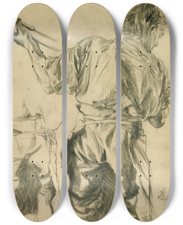 Triptych art skateboard deck of Adolph Von Menzel Figure Studies by Adolph Von Menzel (1815-1905)
