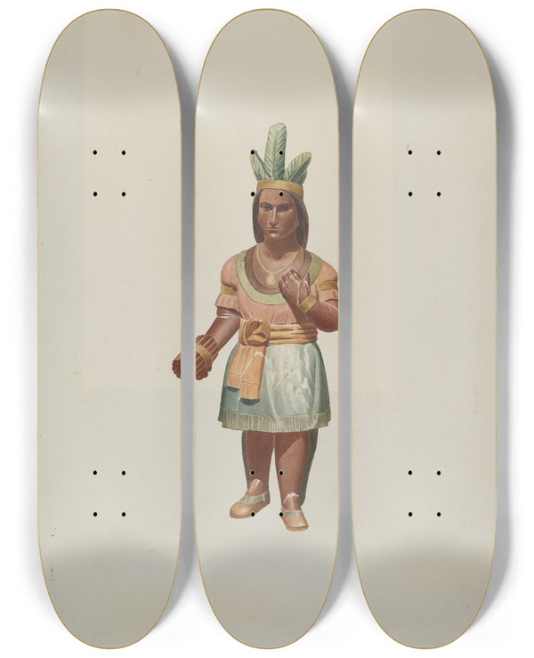 Triptych art skateboard deck of Alton K Skillin Cigar Store Indian by Alton K Skillin