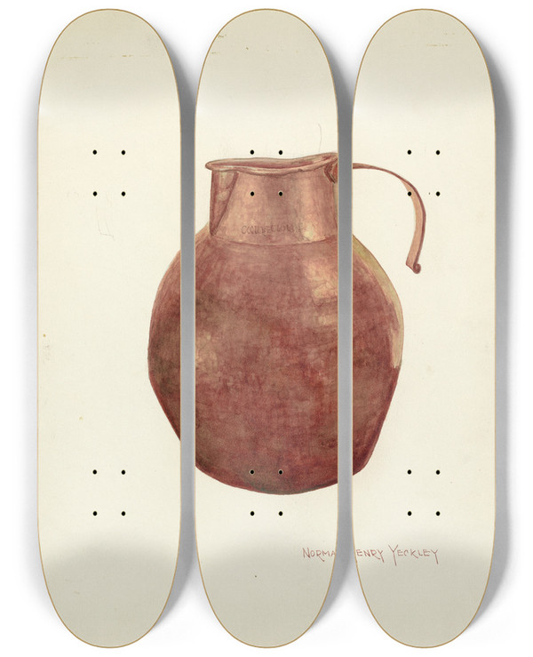 Triptych art skateboard deck of Nh Yeckley Copper Pitcher by N.H. Yeckley