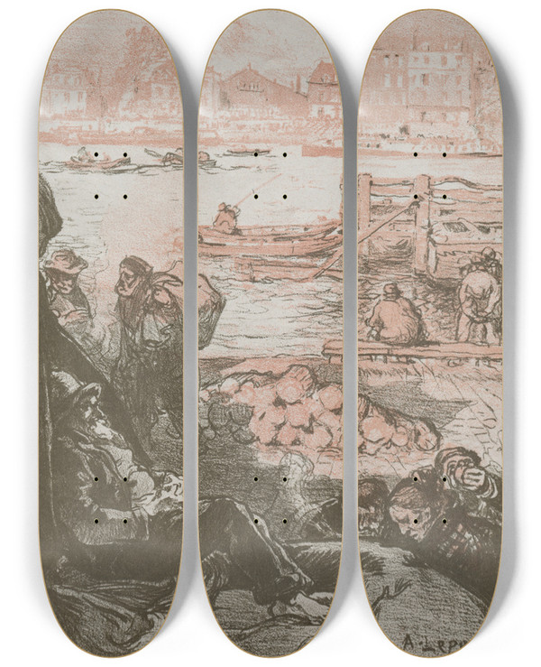 Triptych art skateboard deck of Auguste Louis Lepre The River Porter Monday by Auguste Louis Lepere (1849-1918)