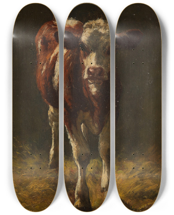 Triptych art skateboard deck of Richard Voltz Klbchen Im Stall by Richard Voltz (1859-1933)