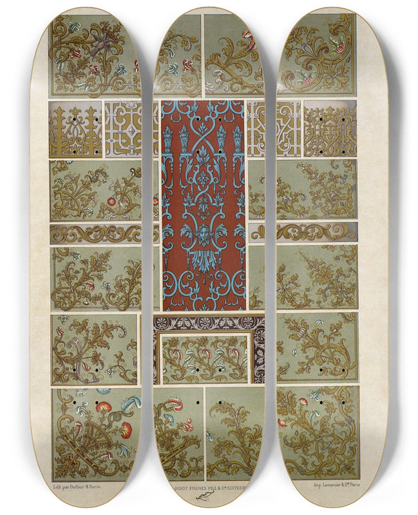 Triptych art skateboard deck of Auguste Racinet Xvii Siecle 5 by Auguste Racinet (1825-1893)