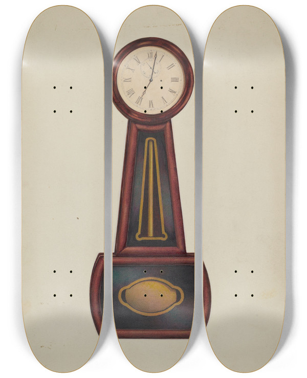 Triptych art skateboard deck of Ralph Morton Banjo Clock by Ralph Morton