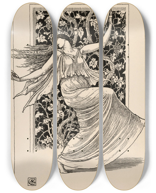 Triptych art skateboard deck of Walter Crane Dancing Nymph by Walter Crane (1845-1915)