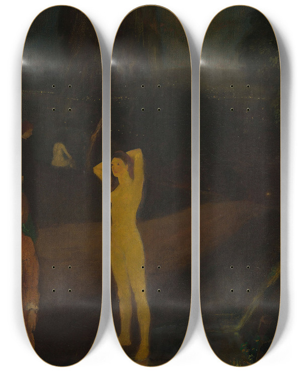 Triptych art skateboard deck of Arthur Bowen Davies Fullorbed Moon by Arthur Bowen Davies (1862-1928)