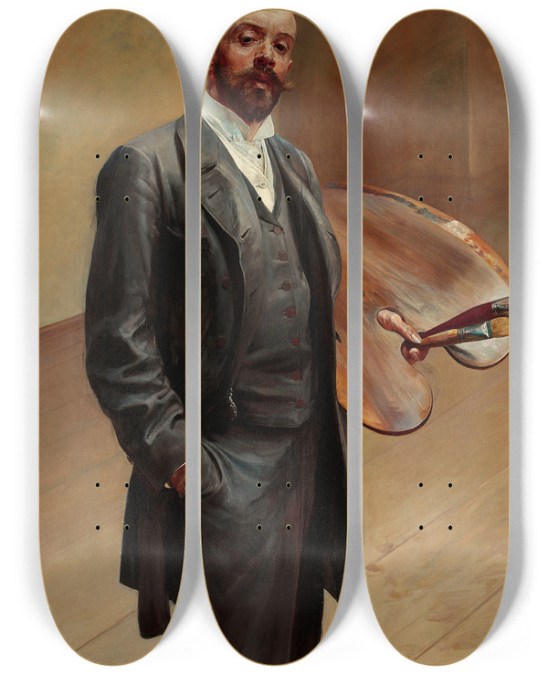 Triptych art skateboard deck of Jacek Malczewski Selfportrait With Palette by Jacek Malczewski (1854-1929)