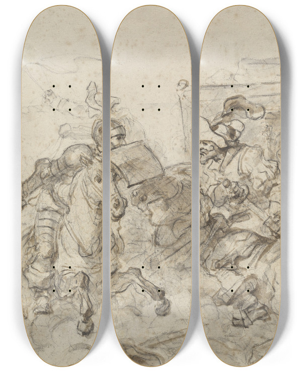 Triptych art skateboard deck of Jeanhonor Fragonard Don Quixote Attacking The Biscayan by Jean-Honor Fragonard (1732-1806)