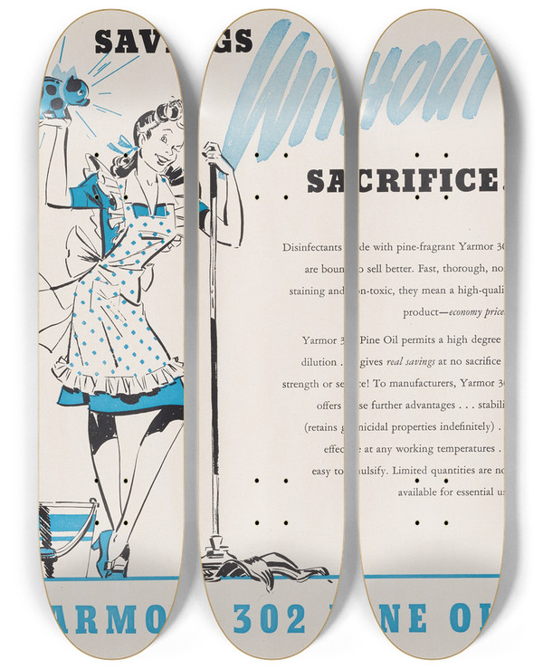 Triptych art skateboard deck of Hercules Incorporated Savings Without Sacrifice by Hercules Incorporated (20-)