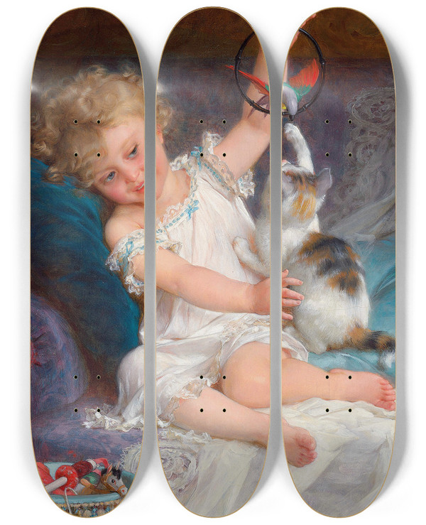 Triptych art skateboard deck of Mile Munier Playtime by mile Munier (1840-1895)