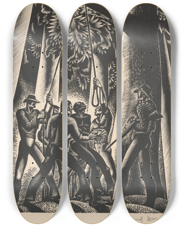 Triptych art skateboard deck of Lynd Ward Getting Ready For Hanging Lynching by Lynd Ward (1905-1985)