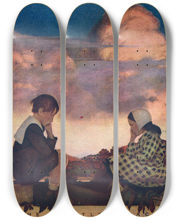 Triptych art skateboard deck of Maxfield Parrish The Little Peach_1 by Maxfield Parrish (1870-1966)