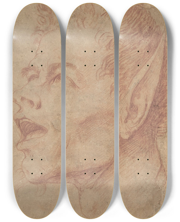 Triptych art skateboard deck of Jusepe De Ribera Head Of A Satyr Facing Left by Jusepe de Ribera (1591-1652)
