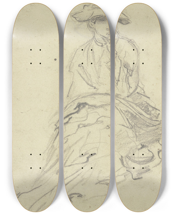 Triptych art skateboard deck of Anton Burger Sitting Woman From The Front by Anton Burger (1824-1905)