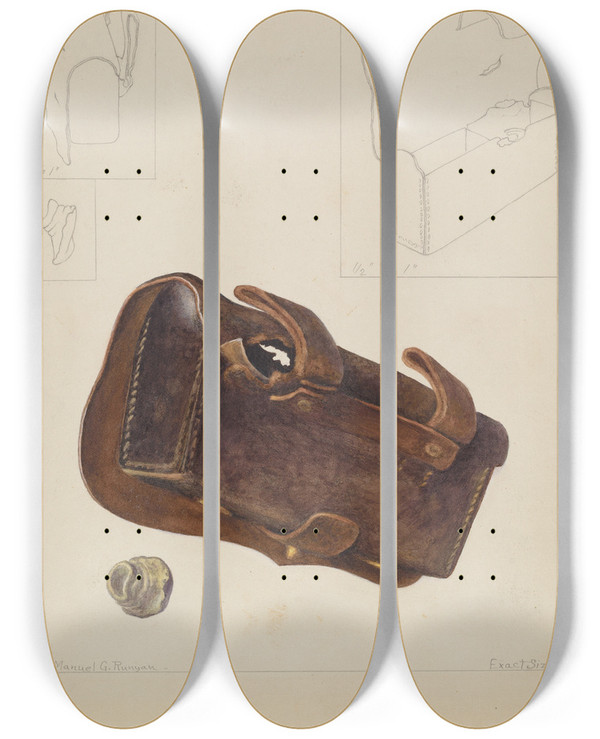 Triptych art skateboard deck of Manuel G Runyan Cartridge Box And Bullet by Manuel G Runyan