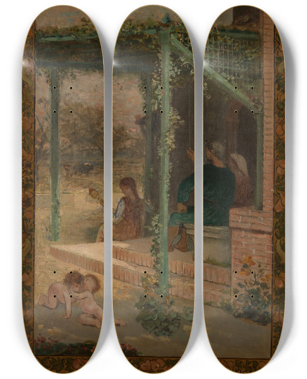 Triptych art skateboard deck of Mile Lvy Le Repos La Postrit by mile Lvy (1826-1890)