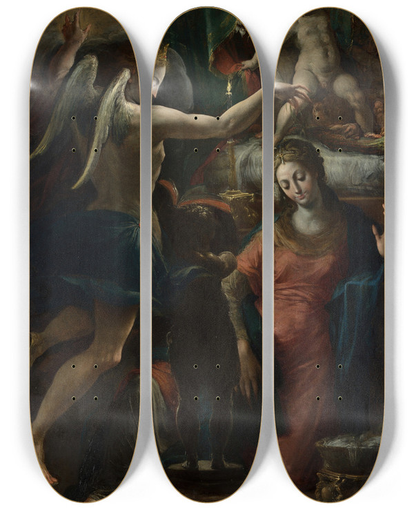 Triptych art skateboard deck of Girolamo Mazzola Bedoli The Annunciation by Girolamo Mazzola Bedoli (1500-1569)