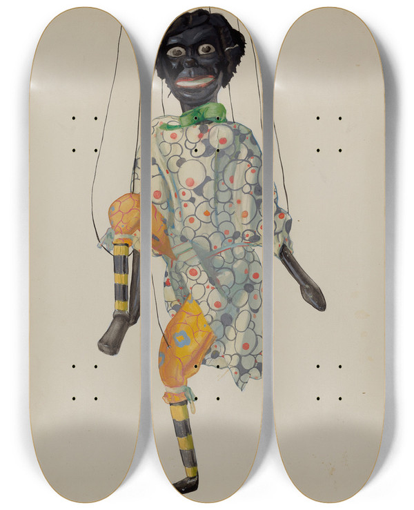 Triptych art skateboard deck of Joseph Shapiro Marionette Topsy by Joseph Shapiro