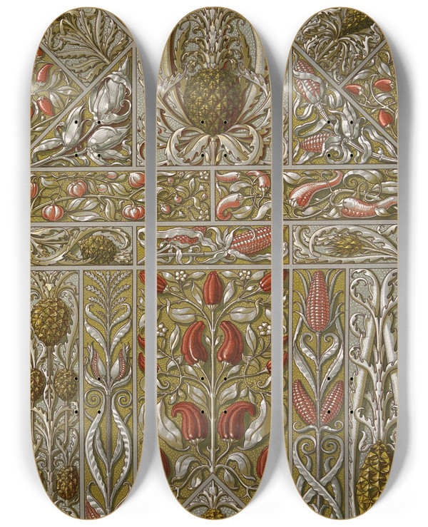 Triptych art skateboard deck of Anton Seder Die Pflanze In Kunst Und Gewerbe Pl074 by Anton Seder (1850-1916)