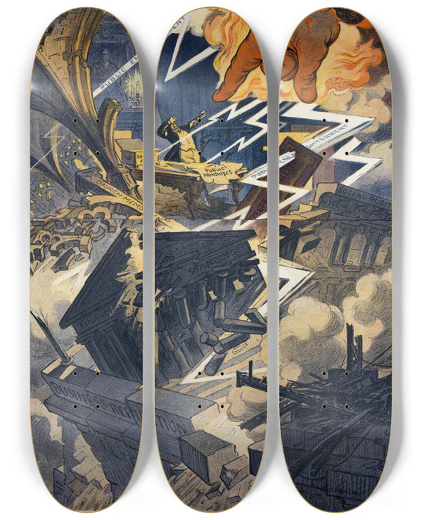 Triptych art skateboard deck of Udo Keppler The Man Highest Up by Udo Keppler (1872-1956)