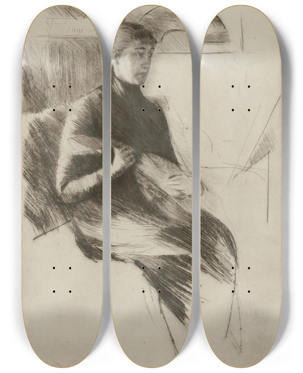 Triptych art skateboard deck of Mary Cassatt The Mandolin Player by Mary Cassatt (1844-1926)