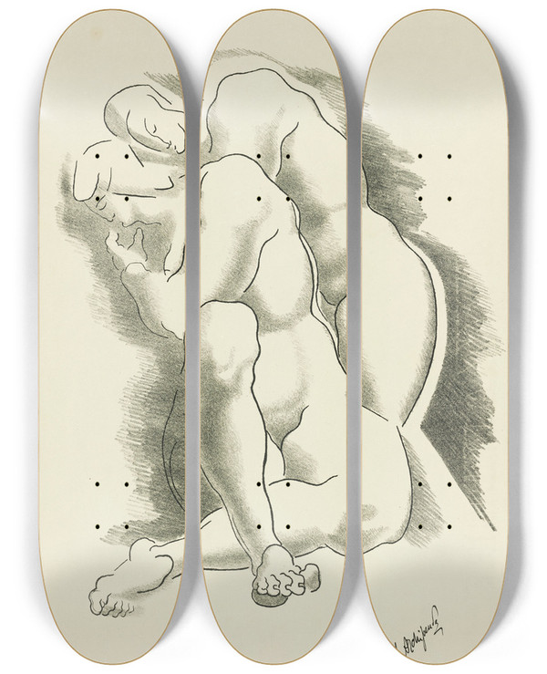 Triptych art skateboard deck of After Auguste Rodin Nude 5 by After Auguste Rodin (1840-1917)