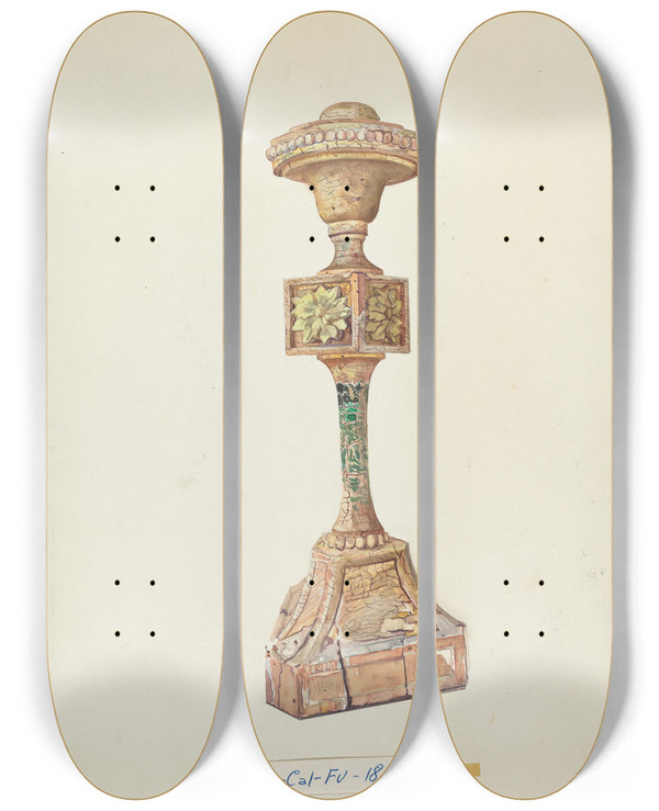 Triptych art skateboard deck of Bill Bowen Ceremonial Candlestick by Bill Bowen