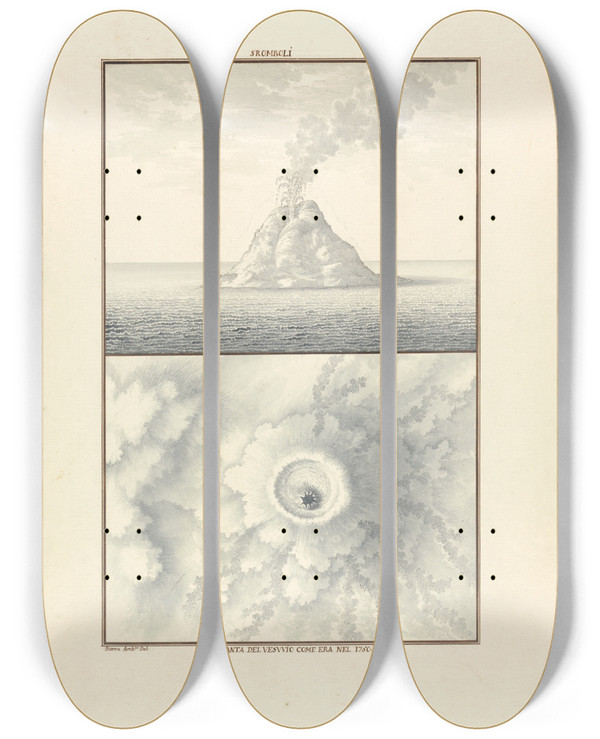 Triptych art skateboard deck of Giovanni Battista Borra Stromboli by Giovanni Battista Borra (1713-1770)