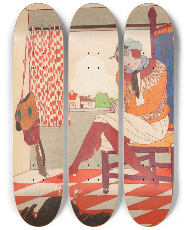 Triptych art skateboard deck of Charles Martin Le Retour De La Chasse by Charles Martin (1884-1934)